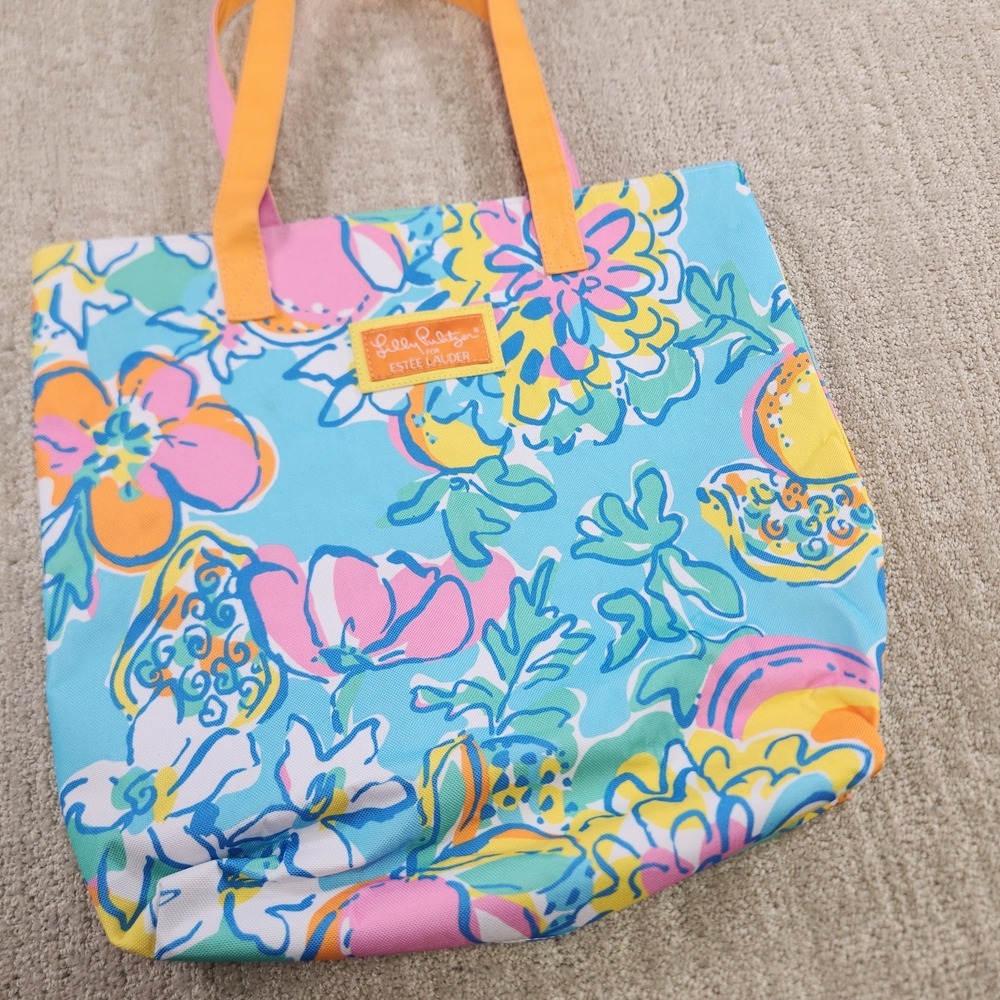 Lilly Pulitzer Estee Lauder Multicolor Floral Strap Canvas Tote Beach Bag